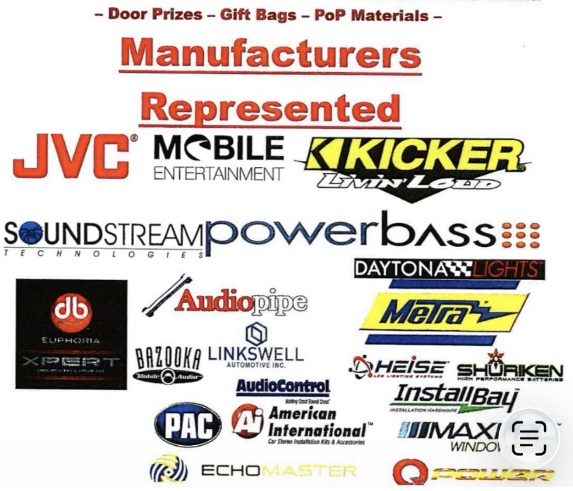 A collage of logos representing various manufacturers in the mobile entertainment and audio industry, including brands like JVC, Kicker, and Soundstream.