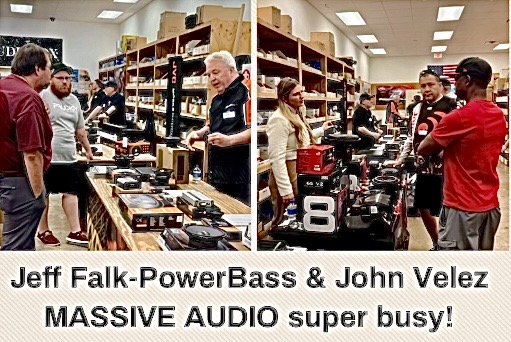 Two sections of a busy audio store with people interacting and looking at various audio equipment, including speakers and sound systems. Notable individuals, Jeff Falk and John Velez, are present, emphasizing the activity around the store.