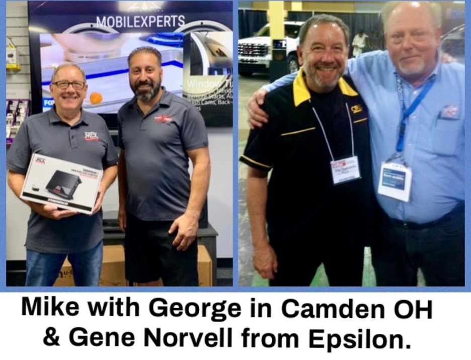 Two groups of men posing for photos at a trade event. On the left, one man holds a product in front of a display. On the right, two men stand closely together, smiling.