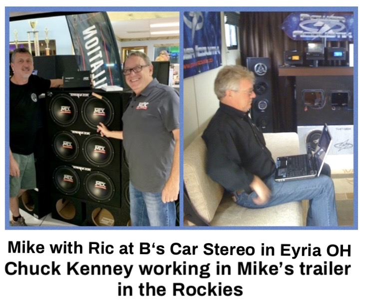 Two men smiling next to a display of car audio equipment at B's Car Stereo in Elyria, OH, while another man works on a laptop in a trailer in the Rockies.