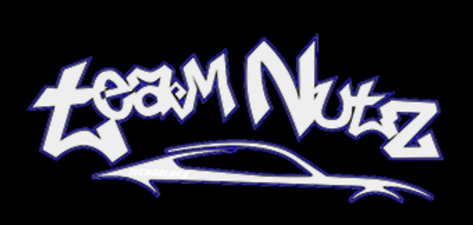Logo design featuring the stylized text 'Team Nutz' in graffiti style, with a silhouette of a car beneath it.