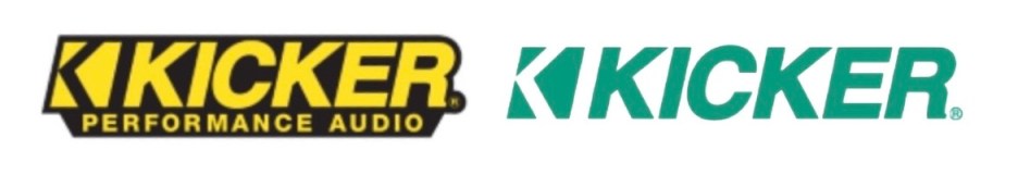 Two KICKER logos side by side; the left logo is in yellow with 'PERFORMANCE AUDIO' underneath, and the right logo is in green.