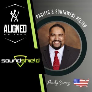 Professional portrait of a man smiling, wearing a suit and tie, with 'PACIFIC & SOUTHWEST REGION' text above and logos for 'ALIGNED' and 'soundshield' displayed.