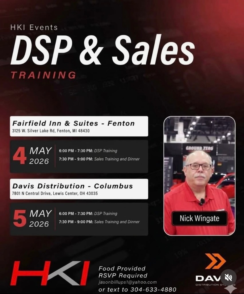 Promotional flyer for HKI Events, featuring 'DSP & Sales Training' sessions on May 4 and 5, 2026, in Fenton and Columbus, Ohio. Includes event details, RSVP information, and a photo of Nick Wingate.