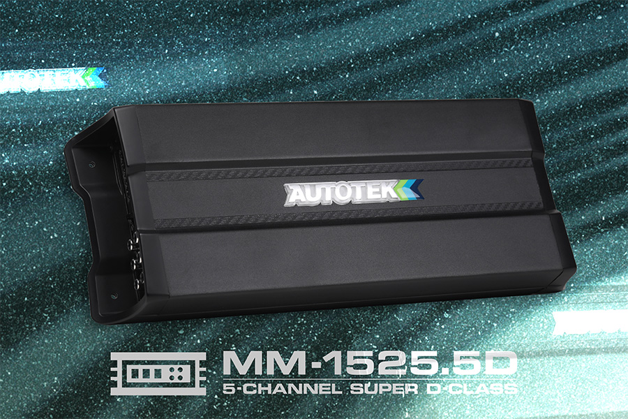 A black Autotek MM-1525.5D 5-channel class D car audio amplifier on a glittery turquoise background.