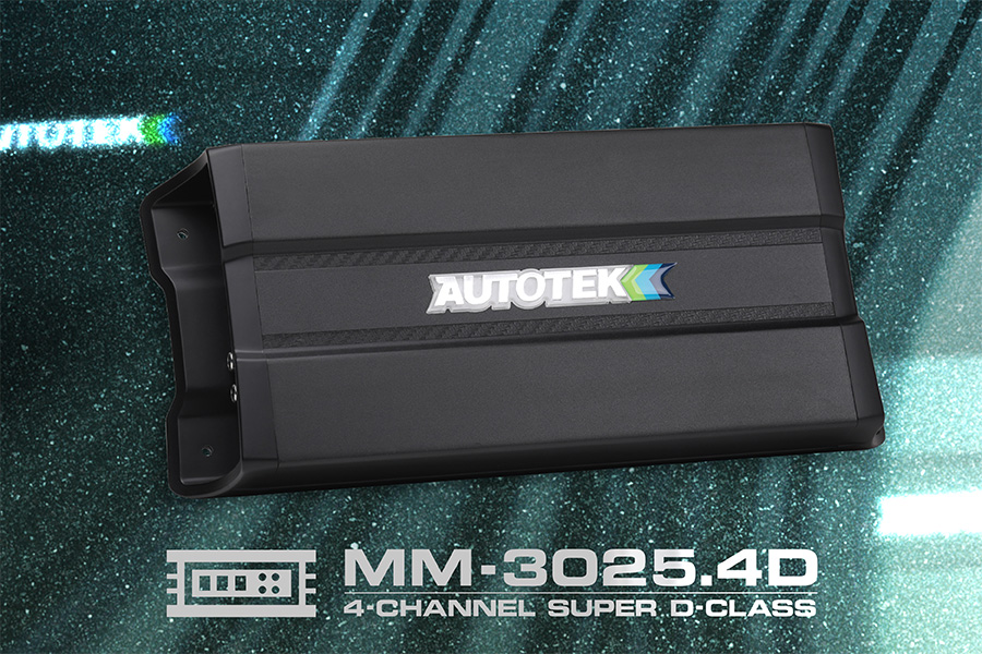 Autotek MM-3025.4D 4-channel amplifier with a sleek design and branding on a textured background.