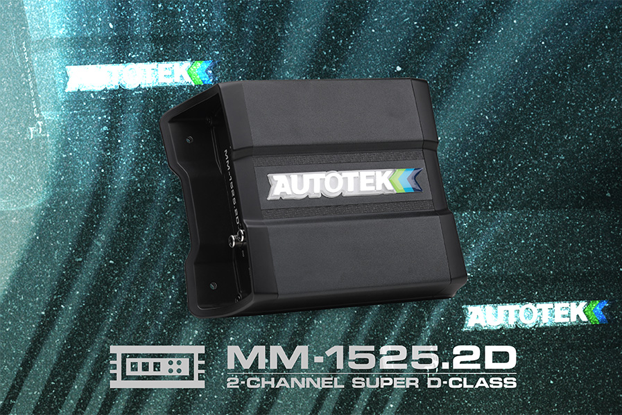 A black 2-channel Super D-Class amplifier from Autotek, labeled MM-1525.2D, displayed against a textured blue-green background.