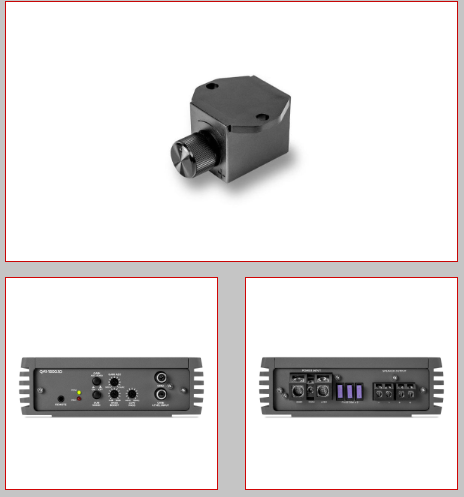 A close-up of a compact, black audio control unit with a prominent knob on top.