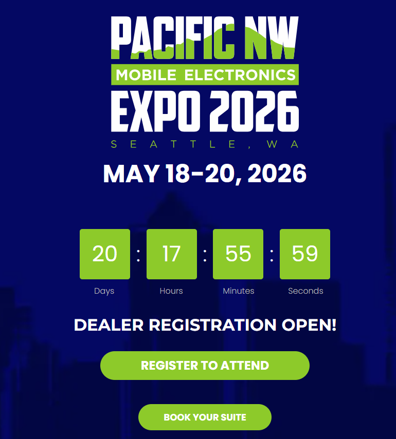 Promotional graphic for the Pacific NW Mobile Electronics Expo 2026, featuring event details, countdown timer, and registration options.