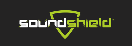 Logo of Soundshield featuring the word 'soundshield' in white and green text, set against a black background with a green shield emblem.