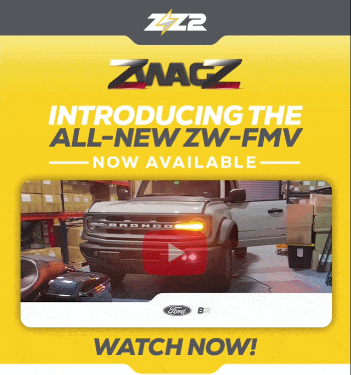 Advertisement for the all-new ZW-FMV featuring a Ford Bronco with a play button overlay, set against a bright yellow background.