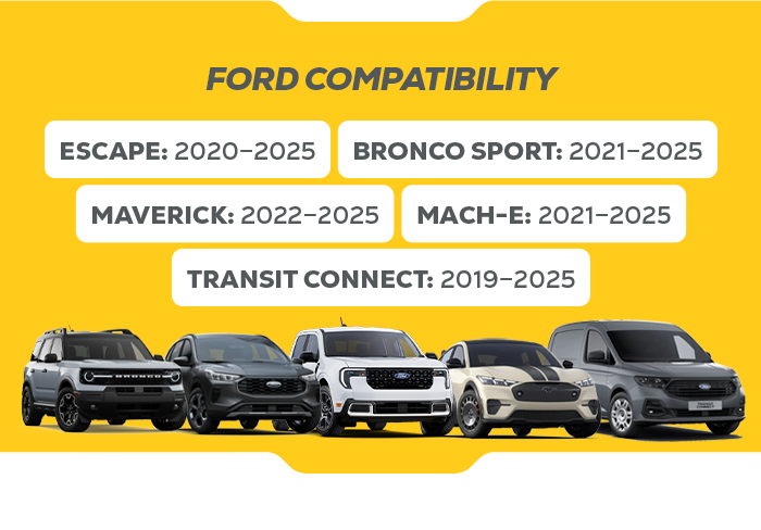 Image displaying Ford compatibility with various models: Escape (2020-2025), Bronco Sport (2021-2025), Maverick (2022-2025), Mach-E (2021-2025), and Transit Connect (2019-2025) on a yellow background.