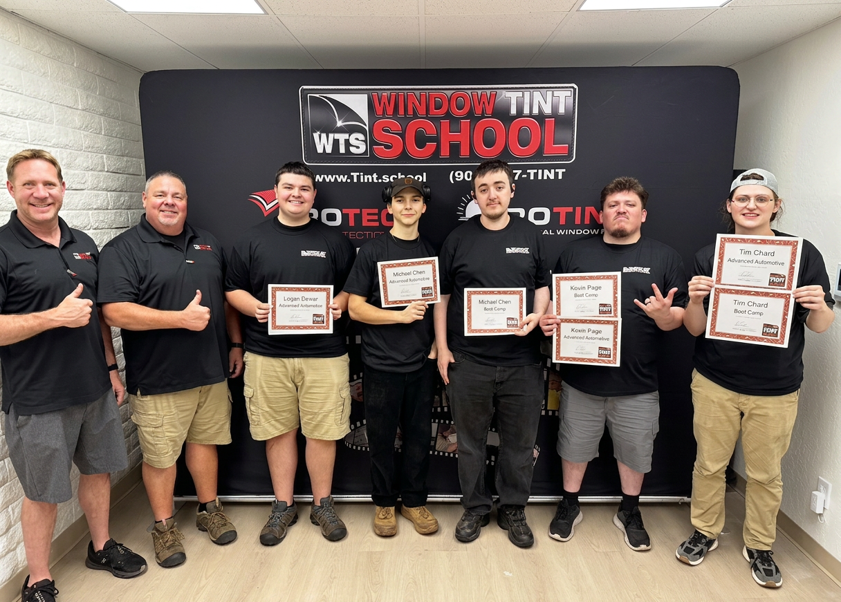 Group of six people posing together at a window tint school event, each holding certificates of achievement, with a branded backdrop.
