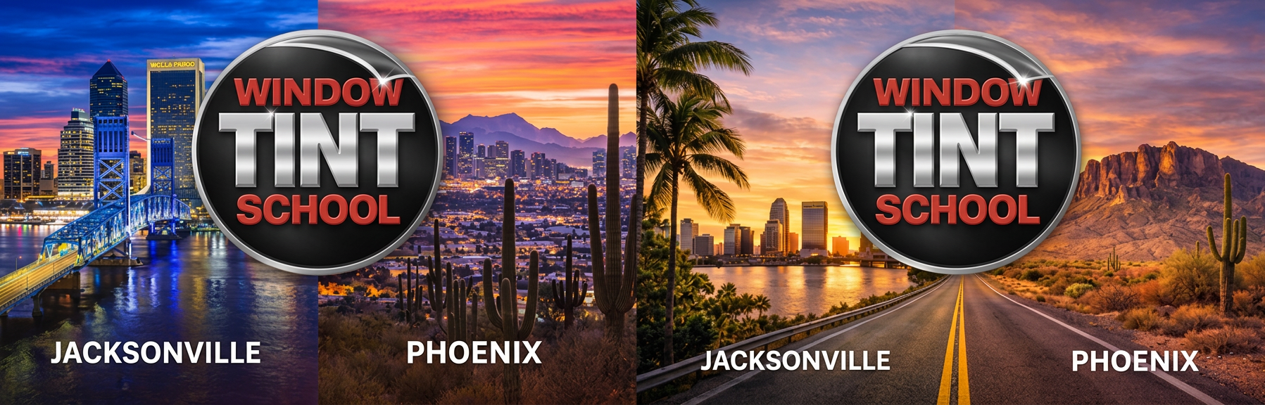 An image featuring two cityscapes: Jacksonville on the left with a bridge and skyline under a sunset, and Phoenix on the right with mountains and desert scenery, both showcasing the logo 'WINDOW TINT SCHOOL' at the center.