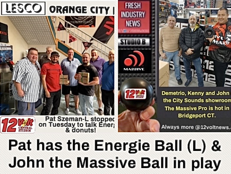 Group of six men posing together in a retail space, with signage for LESCO in the background. One man on the left holds boxes, while another on the right holds a ball labeled '12 Volt.' Text mentions Pat Szeman-L discussing energy products and donuts.