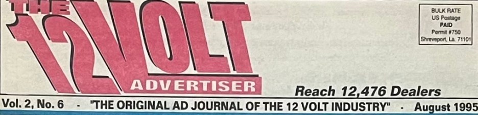 Cover of The 12 Volt Advertiser, Volume 2, Number 6, highlighting it as 'The Original Ad Journal of the 12 Volt Industry', dated August 1995.