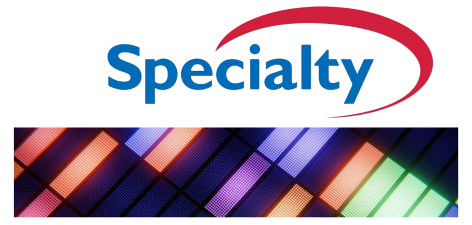 Logo of Specialty above a vibrant multicolored background with geometric patterns.