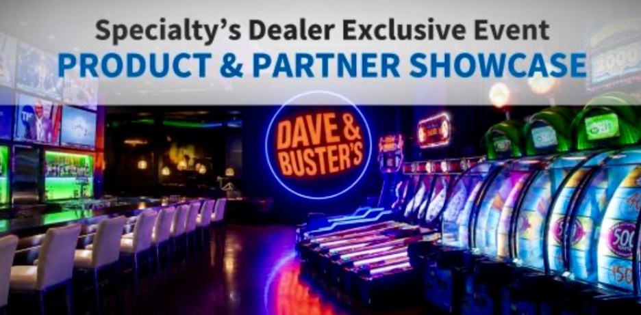 Interior view of a gaming venue featuring brightly lit slot machines, a bar area with high chairs, and large screens displaying event information for a product and partner showcase at Dave & Buster's.