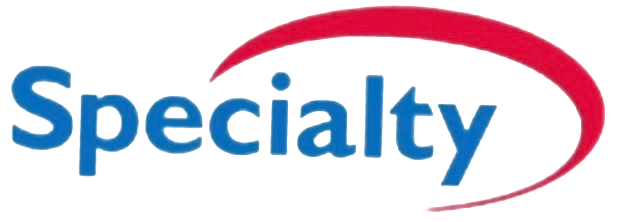 Logo featuring the word 'Specialty' in blue with a red swoosh above it.