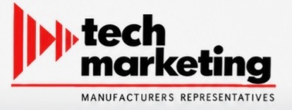 Logo of Tech Marketing, featuring a red triangular graphic and the text 'tech marketing' in bold black font, with the tagline 'MANUFACTURERS REPRESENTATIVES' below.