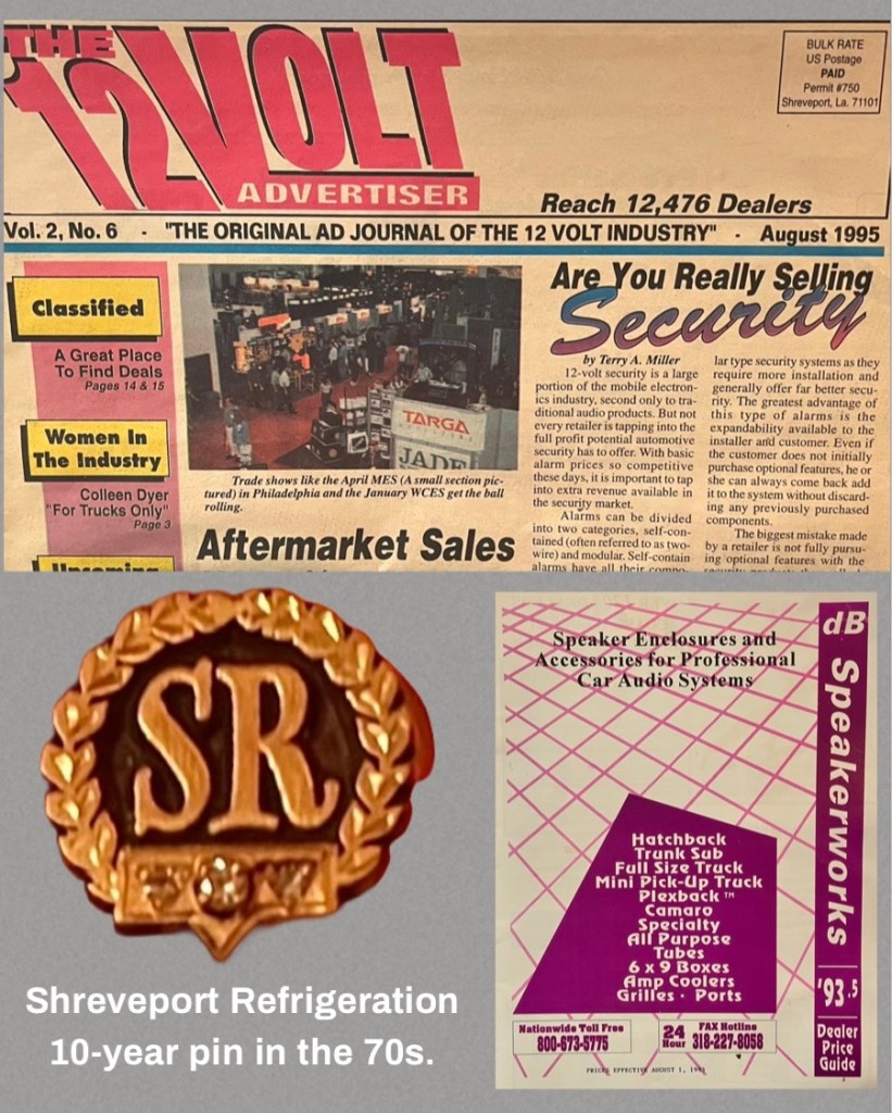 The 12 Volt Advertiser magazine from August 1995 featuring articles on aftermarket sales and security in the mobile electronics industry, along with an image of the Trade shows and an advertisement for Speakerworks.