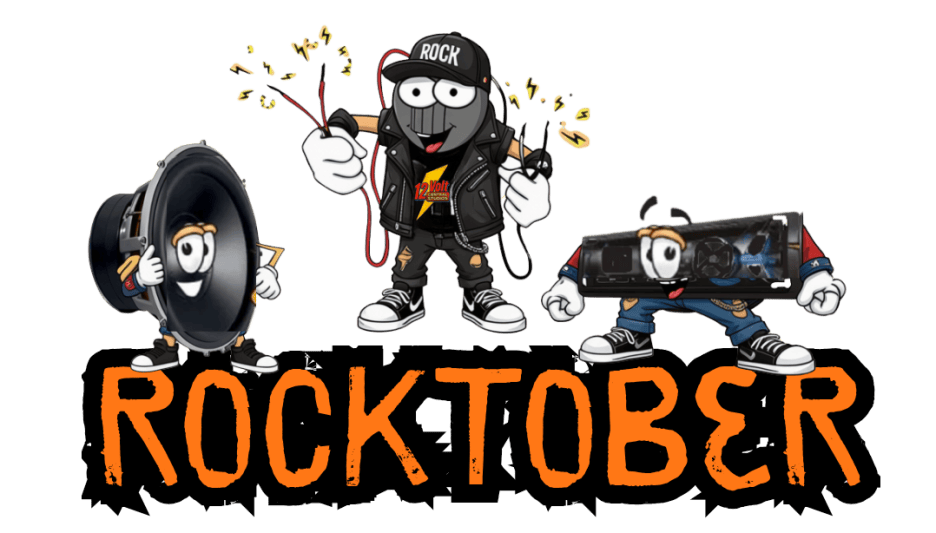A cartoon-style illustration featuring three characters: a speaker character on the left, a cool character wearing a black leather jacket in the center holding wires, and a stereo character on the right, all grouped together under the text 'ROCKTOBER' in bold, orange letters.